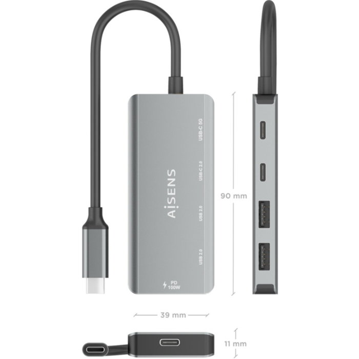Aisens Hub USB-C A109-0946 con PD 100W y 4 puertos adicionales, Gris